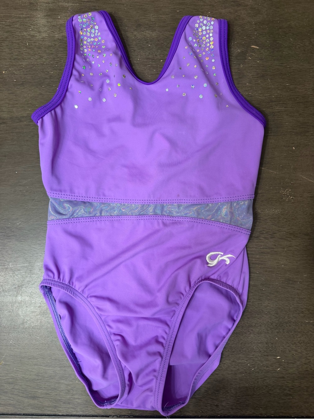 GK Iridescent Purple Gymnastics Leotard with Rhinestones